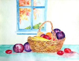 Watercolour 9x12” Fruit Basket with a View Watercolour 9x12”